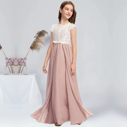 A-line Scoop Floor-Length Chiffon Lace Satin Junior First Communion Dress - Image 3 of 4