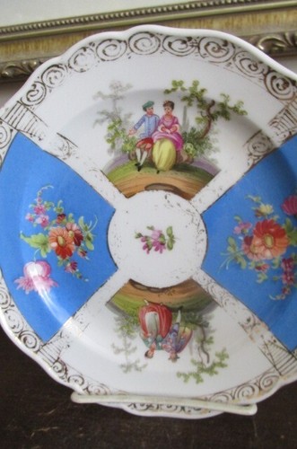 Antique Meissen Germany Courting Couple Turquoise Blue Gold 7" Porcelain Plate - Picture 2 of 9