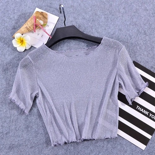 ❤Women Summer T-Shirt Mesh Crop Top Lace See Through Tunic Tees Streetwear US - Picture 9 of 17