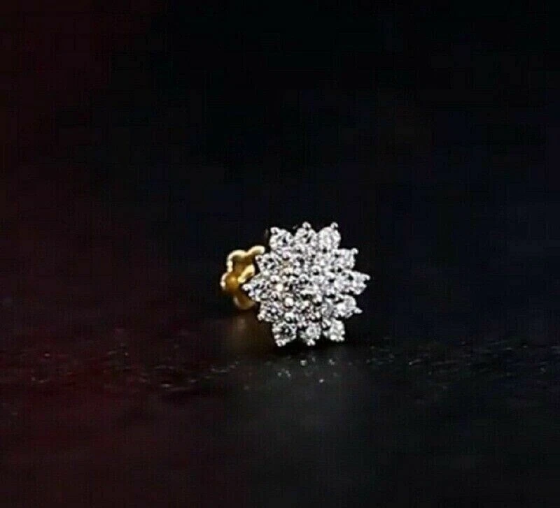 Flower Cluster Natural Diamond Nose Piercing Stud Screw Back Pin 14k Yellow Gold - Image 2 of 4