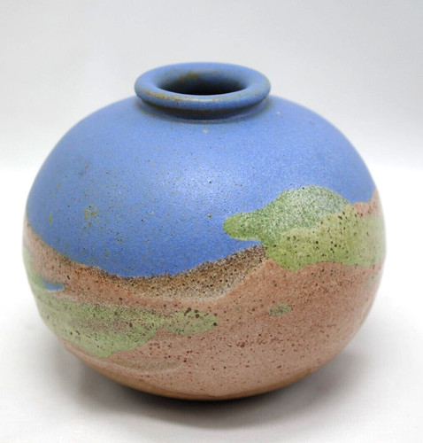 Small Round Studio Art Pottery Bulb Bud Vase 3.25" Blue Brown Green Signed