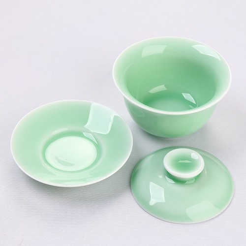 Longquan Porcelain Gaiwan Chinese Green Solid Color Tureen Handpainted Floral - Picture 4 of 17
