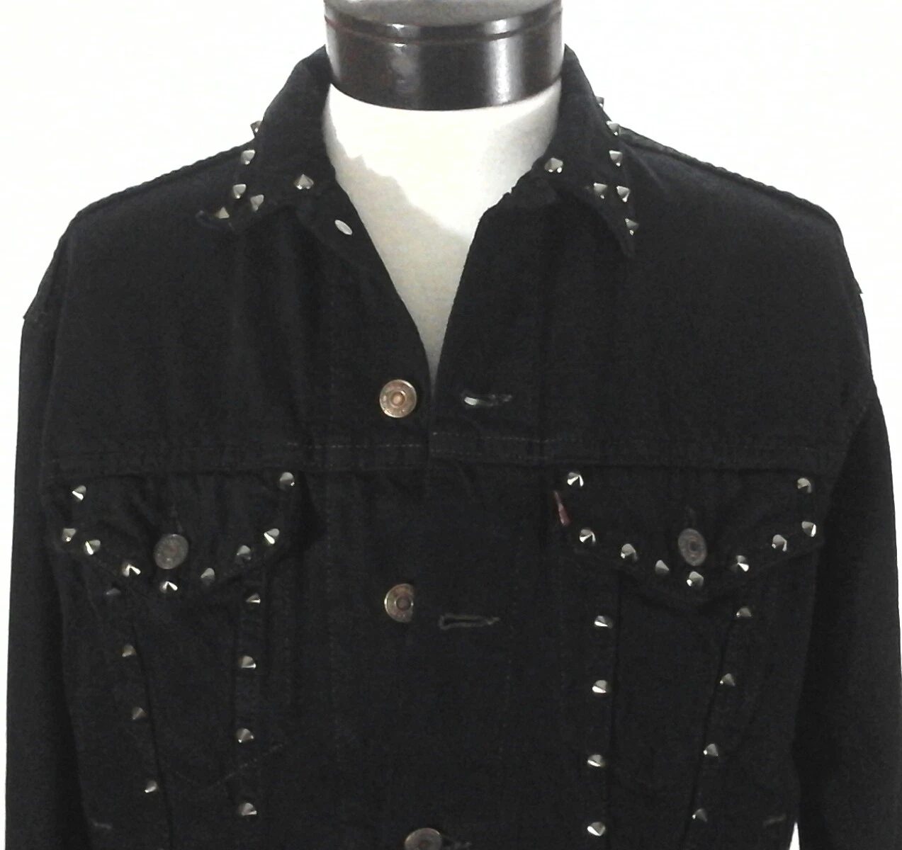 LEVI'S Denim Jacket Trucker Studs Punk Life Is A Game Hard Eight Black L fits M