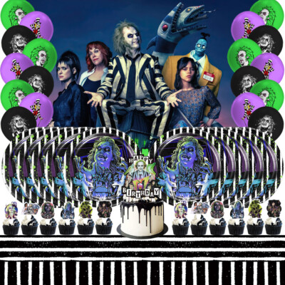 Beetlejuice Party Supplies Set Plates Balloons Cake Toppers Banner Tablecloth
