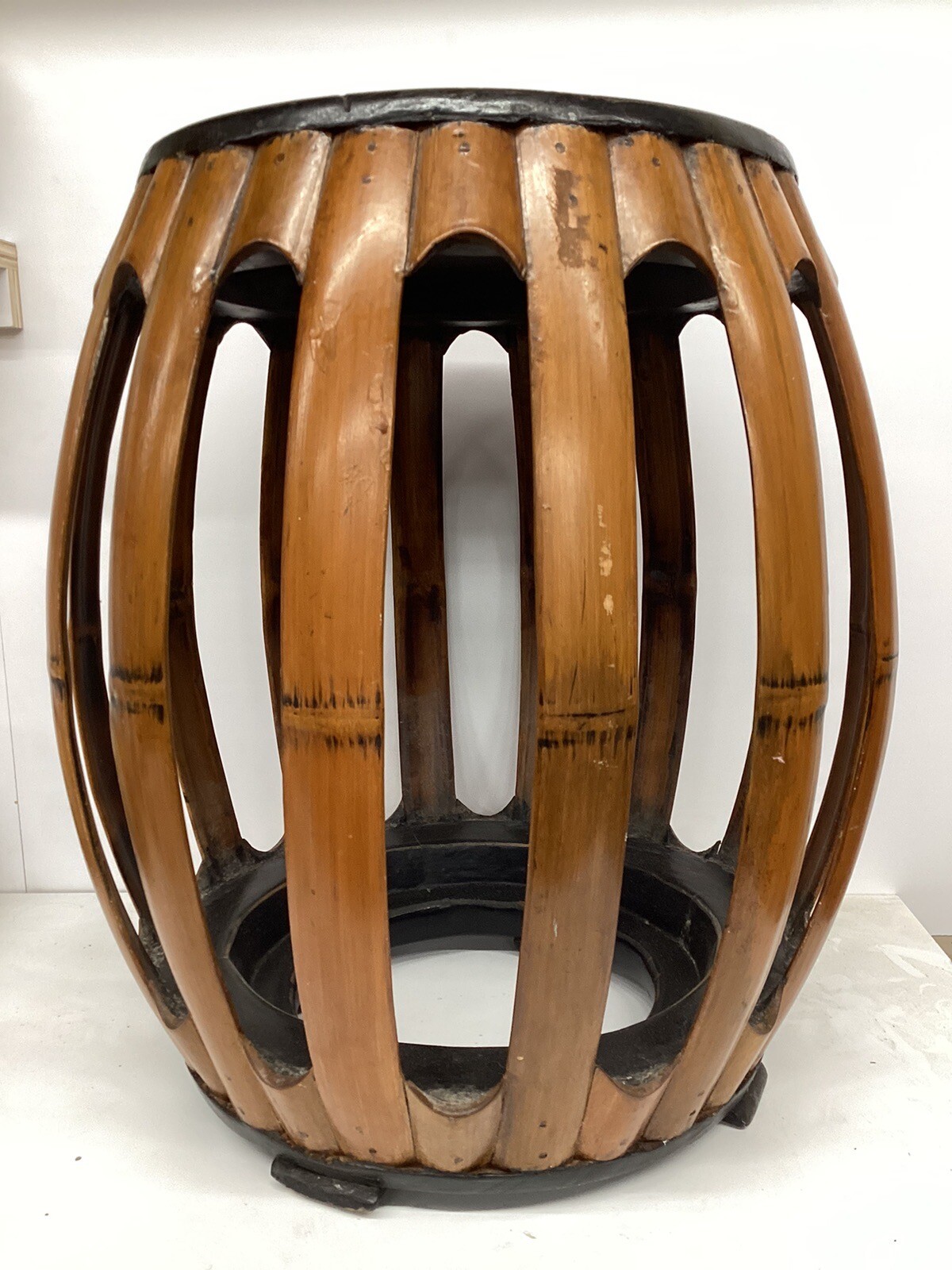 Antique Chinese Rare Bamboo Barrel Stool Tall 18 1/2 in 中国 复古 竹节 板凳