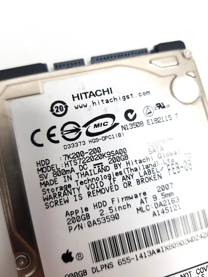 Apple Hitachi 7K200-200 200GB 2.5" SATA Laptop HDD 7200RPM HTS722020K9SA00 - Image 2 of 3