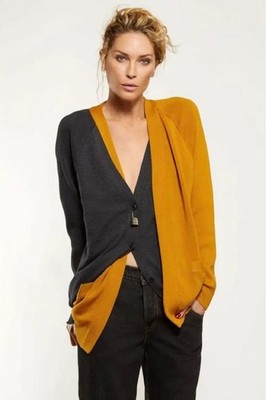 MONSE Bicolor Layered Wool Cardigan Mustard Yellow Charcoal Grey S