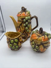 Vintage Nasco Majolica Swirling Leaves Tea Pot Sugar Bowl & Creamer 3 Coffee Cup