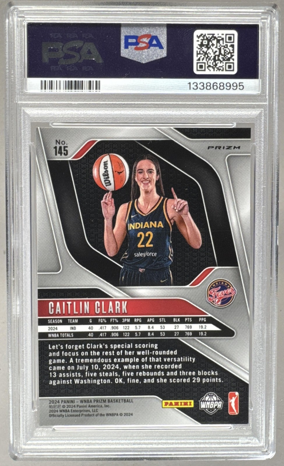 133868995 Caitlin Clark 2024 Panini WNBA Prizm #145 Green Rookie RC PSA 9 view 2