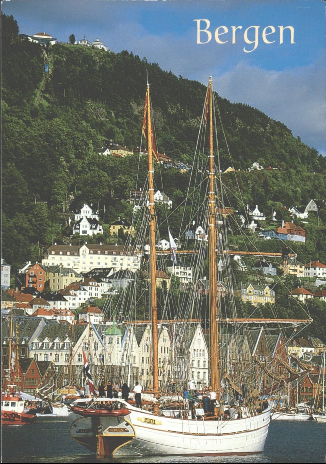 Bergen Norway Tall Ship Harbor City View Photo Postcard Aune Forlag