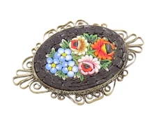 925 Sterling Silver Vintage Brooch ITALY Colorful Floral Filigree Pin  BP11863