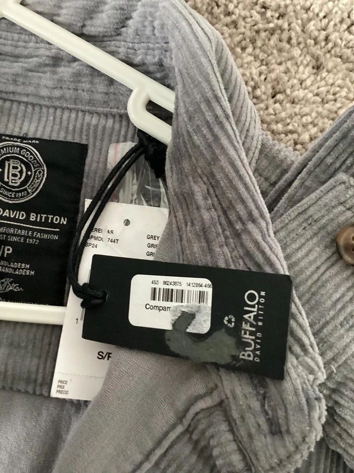 Camisa de Pana Buffalo David Bitton Jeremias S Gris Manga Larga Informal $109 Nueva con Etiquetas Foto 2 de 4