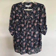 Women's LOFT Floral Blouse Size M Navy Pink