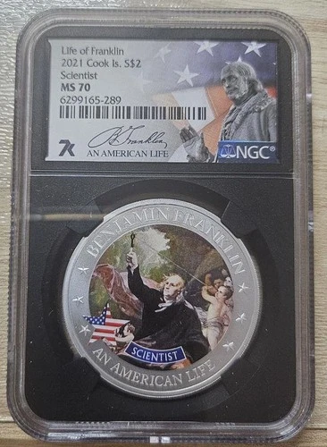 Cook Islands- 2021- $2 Benjamin Franklin Scientist - NGC MS 70 .5 oz Silver Coin