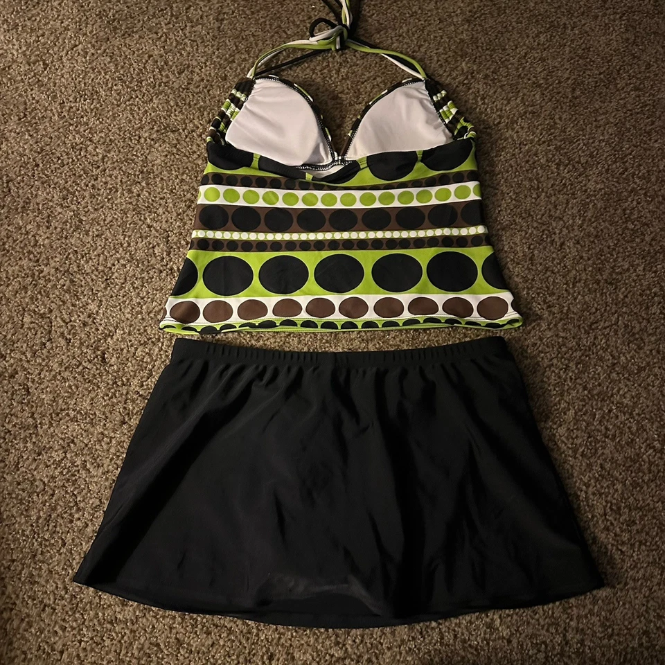 Women Tankini Set A.N.A Size 10 Striped Polka Dots With Skirted Belted Bottom. - Image 2 of 3