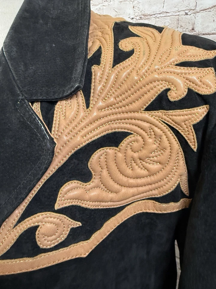 Chaqueta bordada de gamuza negra vintage Cripple Creek Western Med Foto 3 de 4