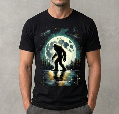 Bigfoot Full Moon Silhouette Graphic Tee   Sasquatch Nature Night Scene Shirt