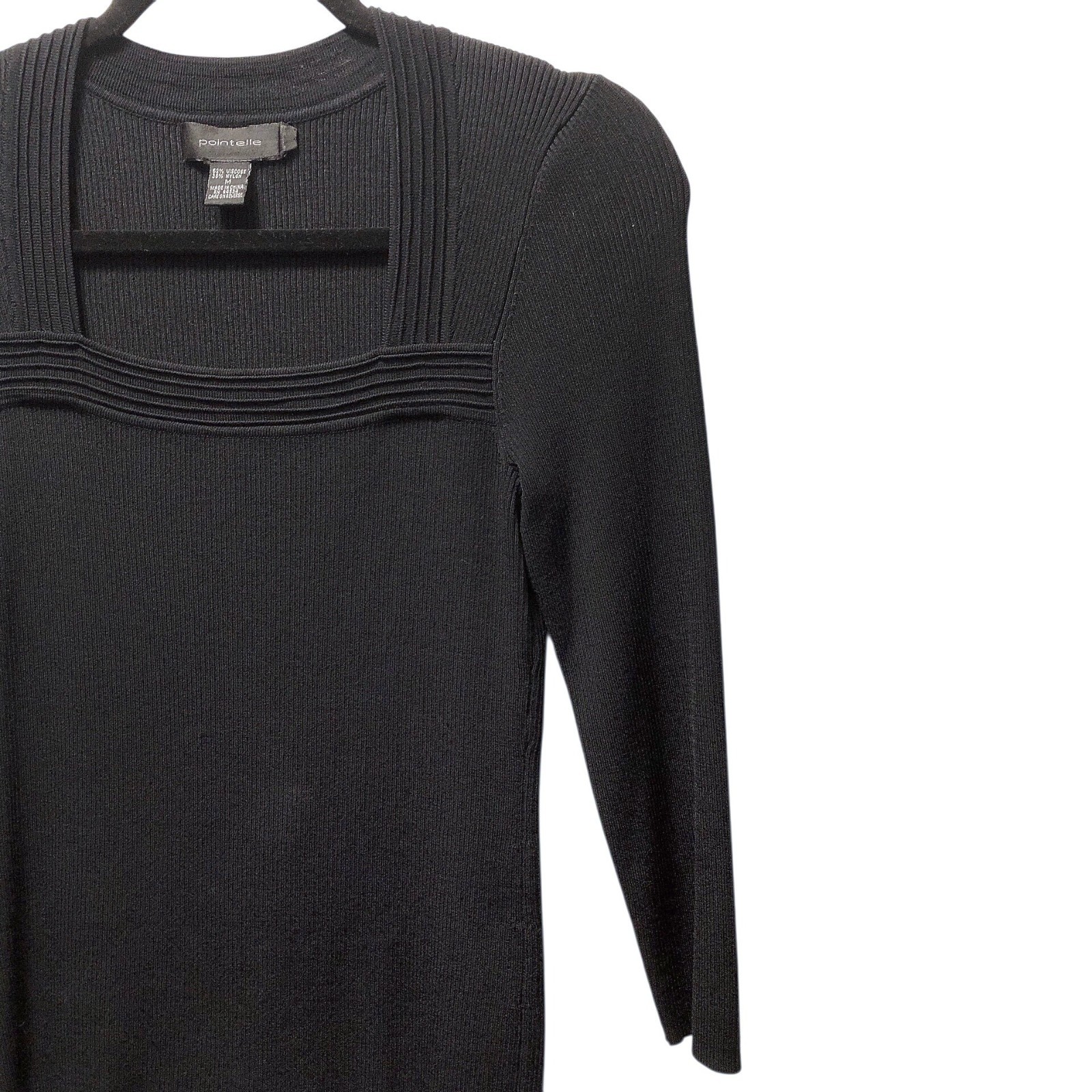 Pointelle Solid Black Square Neckline Ribbed Long… - image 5