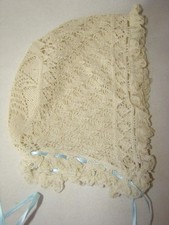 Antique Victorian Lace Crochet Ivory BABY BONNET, Blue Ribbons