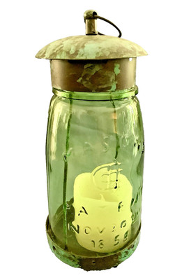 Rustic Green Mason Jar Lantern Candle Holder 9 1/2'' Hang or Table Decor Patio