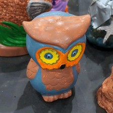 Owl-Shaped Colorful Hand Painted Ceramic Piggy Bank Blue Brown Collectible