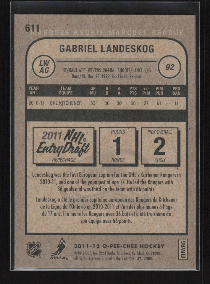 2011-12 Upper Deck #611 Gabriel Landeskog 2011-12 O-Pee-Chee Update - Image 2 of 2