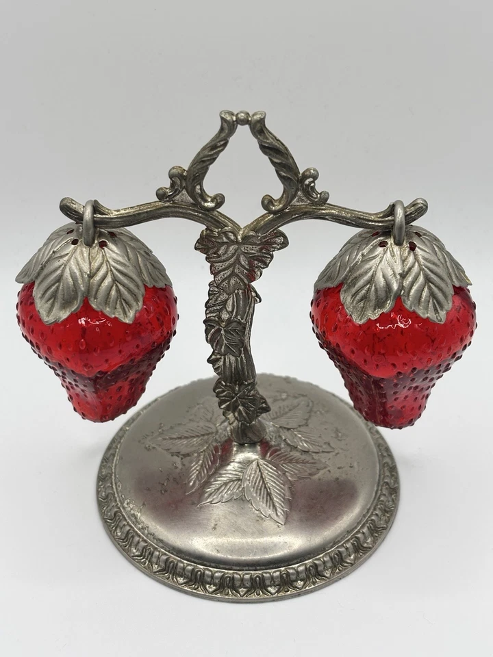 Vintage Silver And Red Glass Hanging Strawberry Salt & Pepper Shakers from Japan - Image 4 of 4