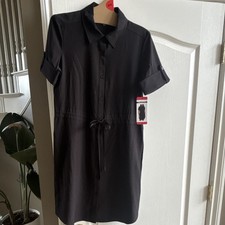 Halston Black Collared Shirt Dress Button Front Drawstring Waist Short Sleeve M