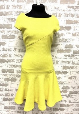 Bebe Yellow Textured Abstract Patchwork Fit & Flare Dress Short Sleeve Size XS