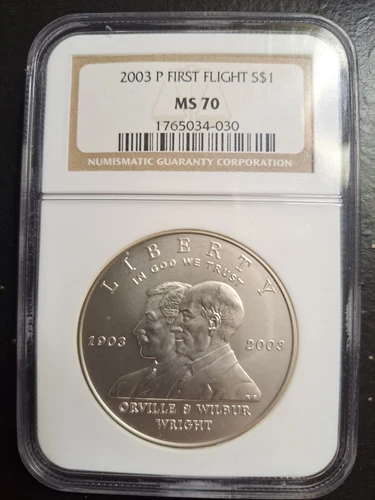 2003 P FIRST FLIGHT COMMEMORATIVE SILVER DOLLAR NGC MS70 CLASSIC BROWN LABEL 