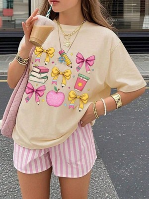 Girls' Printed T-Shirt, Cute Loose Fit School Style,  Teen, Summer, School NEW