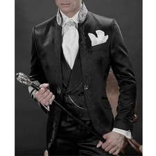 Embroidery Men Suits Black Fashion Stand Collar Wedding Tuxedo Party Prom