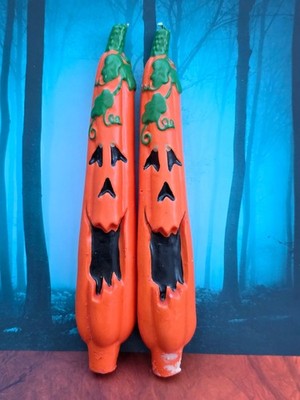 Midwest Halloween Pumpkin Taper Candles Sculptured Pair Orange Green Vines 9''