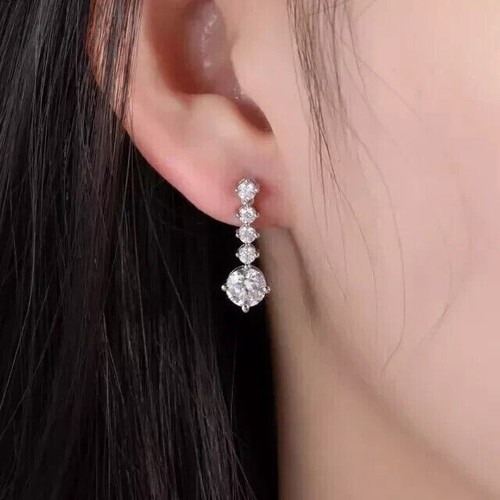 3CT Round Diamond Lab-Created Women's Drop Dangle Earrings 14K White Gold Plated - Picture 3 of 8