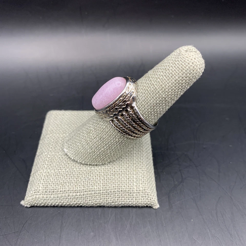 Chunky Rose Quartz Ring Size 8 Silver Tone Pink Cabochon Gemstone Boho Wide - Image 4 of 4