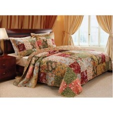 3pc Oversized Full Sized Bedspread Quilt Set Floor Red Coral Moss Sage Green