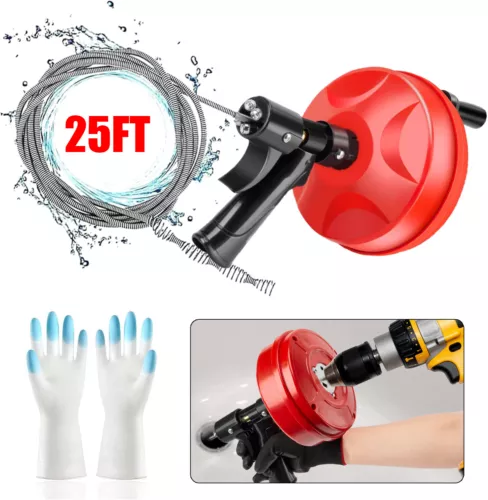 Drain Auger 25 Foot Plumbing Snake Clog Remover with Drill Attachment Protection
