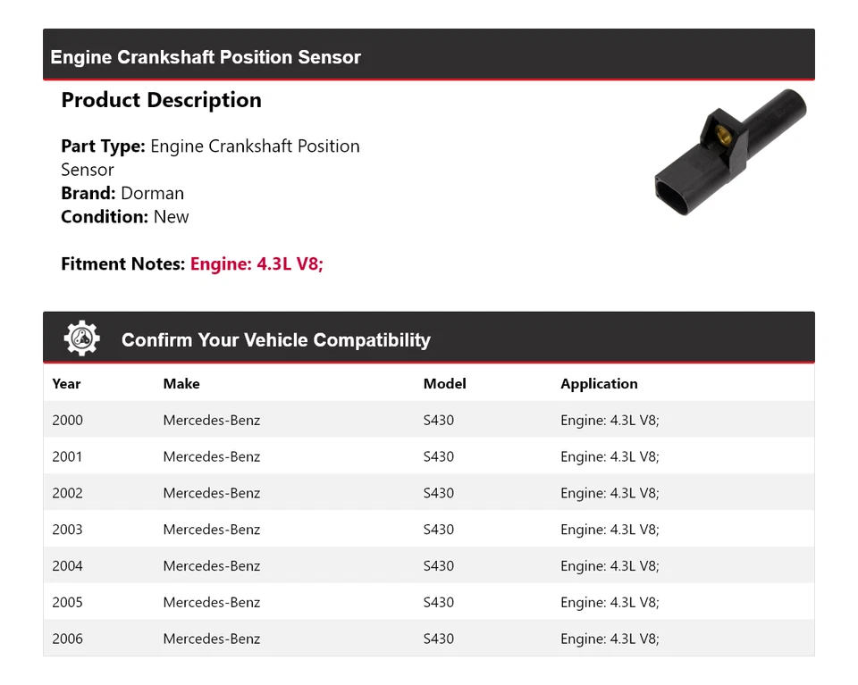 Sensor de posición del cigüeñal del motor Dorman 2001 para Mercedes-Benz S430 2000-2006 Foto 2 de 4