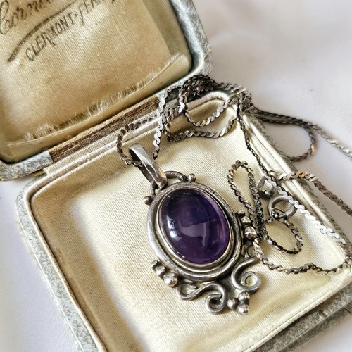 Antike Halskette Anhänger Kette 925 Silber 45cm Cabochon Amethyst 42x21mm - Bild 2 von 20