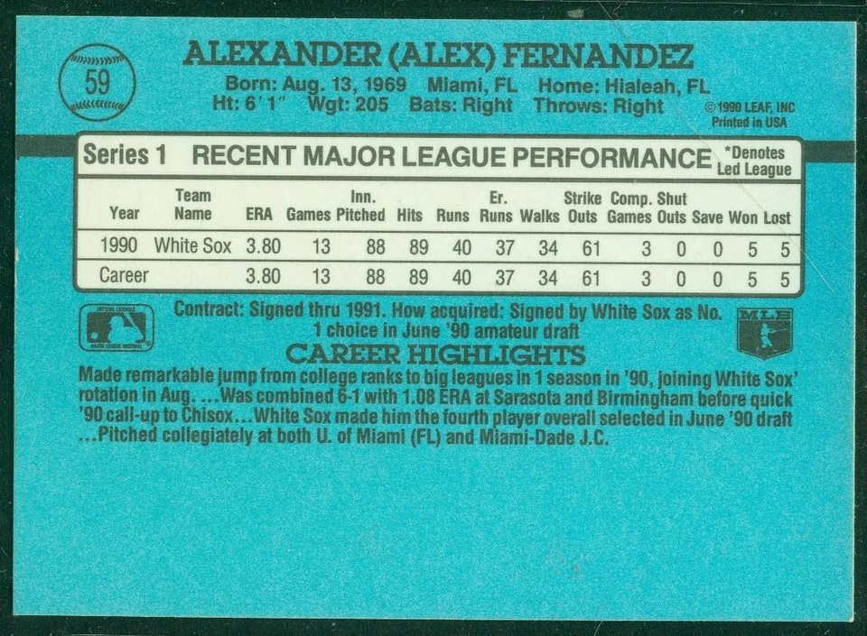 Autógrafo original de Alex Fernandez do White Sox em um cartão Donruss 1991 - Imagem 2 de 2