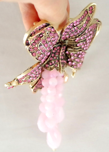 4.5" NWOT DESIGNER STYLE PINK RHINESTONE ORCHID/ IRIS FLOWER DANGLE BROOCH PIN - Picture 6 of 18