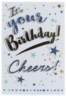 Open Male Birthday Card - Foil Writing Cheers with Stars & Circles 7.75x5.25"