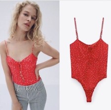 NWOT ZARA Red Satin Laced V-NECK Viscose Blend Stars Print BODYSUIT SIZE Large