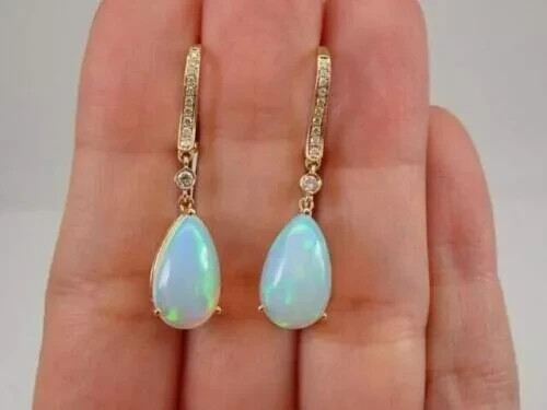 2.20Ct Pear Cut Genuine Fire Opal Drop Dangle Earrings 14k Yellow Gold Plated - Picture 3 of 7