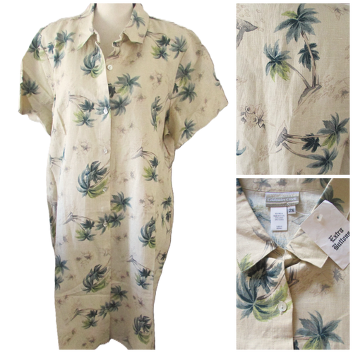 Maxi Linen + Dress 2X Button Cottage core Pale Yellow Palm Trees XXL Nwt Vtg USA