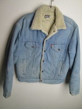 Vintage 1970's Levi Denim Sherpa Lined Trucker Jean Jacket Snap Faded M USA Blue