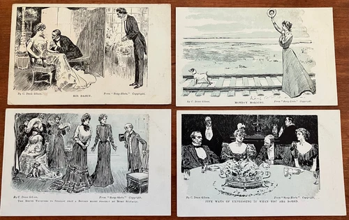 A/S Charles Dana Gibson Lot of 4 Vintage Postcards; Snap-Shots Series; Blue Tint