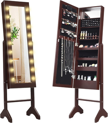 Elegant Brown Jewelry Armoire with LED Lights & Full-Length Mirror
