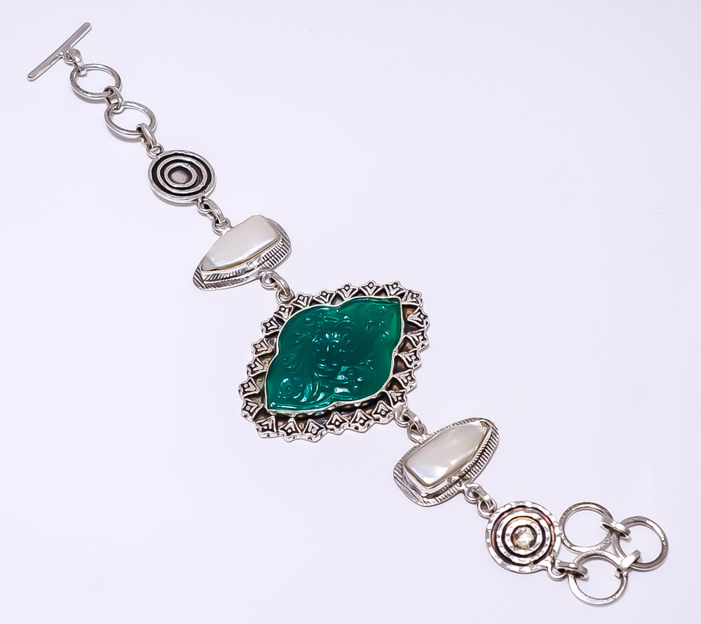 Carved Emerald (Simulated) 925 Sterling Silver Handmade Bracelet 7-8.99