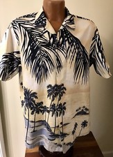 Vtg RJC Hawaiian Shirt SS Island Scene Size L USA 100 Cotton Natural  Navy